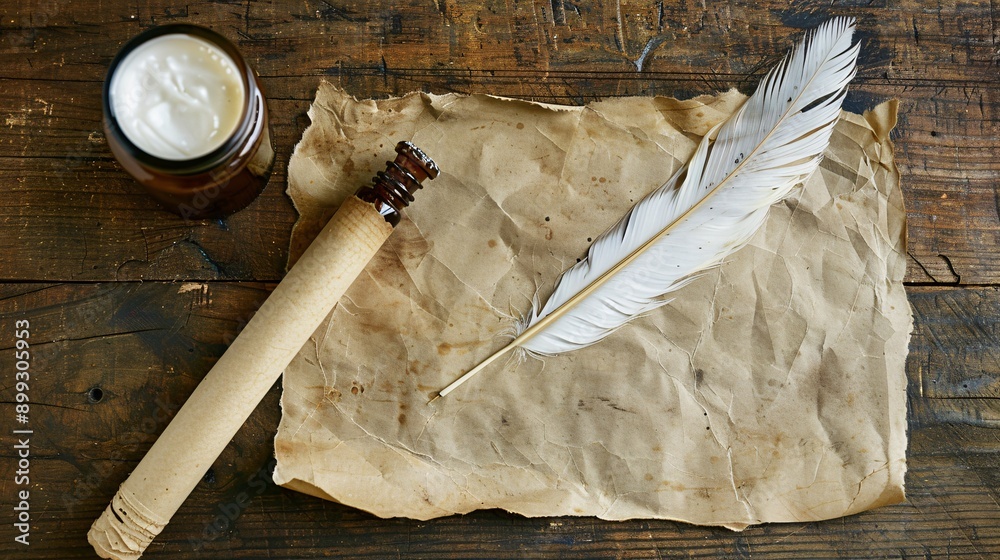 Flat lay of a simple writing setup with a quill pen, ink bottle, and ...