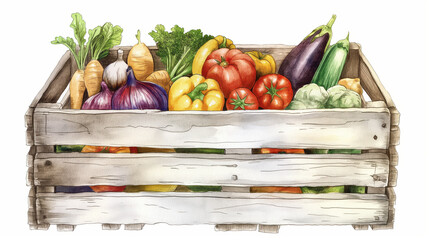 A wooden crate overflowing with fresh, colorful vegetables, including tomatoes, peppers, eggplant, and carrots.