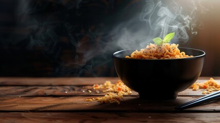 Poster - A steaming bowl of instant noodles sits on a wooden table, emanating delicious aromas and inviting you to enjoy a quick meal. Generative AI