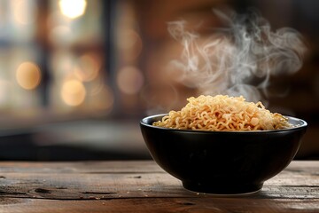Aufkleber - Steaming instant noodles fill a bowl on a rustic wooden table, inviting warmth and comfort in a relaxed atmosphere. Generative AI