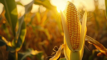 Ripe corn on the field at sunrise with copy space. close-up.