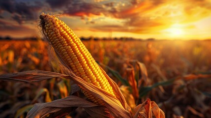 Ripe corn on the field at sunrise with copy space. close-up.