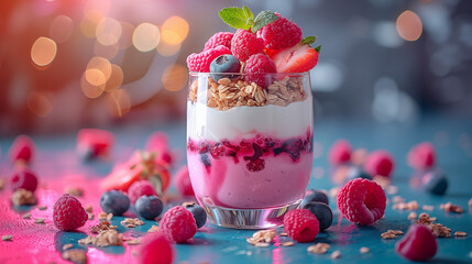 Wall Mural - Vibrant berry parfait showcasing layers of yogurt, granola, and fresh berries in a glass. Concept of healthy breakfast, nutrition, and indulgence.