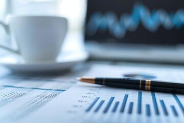 A close-up of a pen, financial documents, and a coffee cup, showcasing a workspace for analytics and business planning.