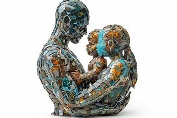 Sticker - Detailed digital sculpture of two robotic figures in an embrace symbolizing connection technology and future possibilities