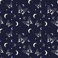 Seamless pattern of butterflies and moths. Print with Insects on blue background. Vector illustration