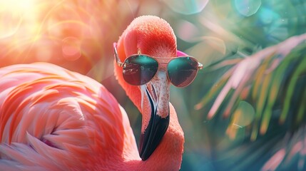 Canvas Print - flamingo in sunglasses on summer background