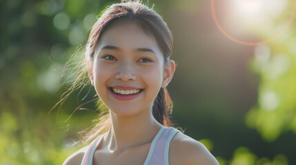 Portrait of asian woman in workout clothes jogging outdoors in green field with trees, park, sunlight, fitness and wellness concept