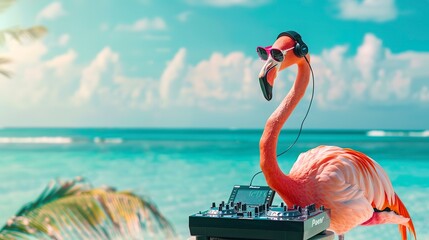 Canvas Print - A DJ flamingo with headphone and dj box near sea shore a concept of summer party with a big space for text or product