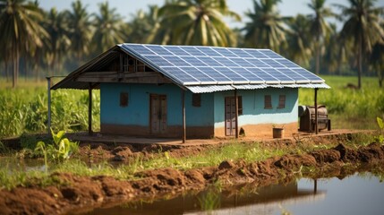 Poster - A small hut in a rural area with a solar panel installed on its roof, harnessing sunlight for energy  