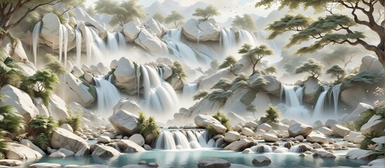 Aufkleber - 3D rendering landscape scene made white marble background is lig