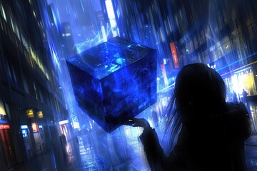 Poster - Businessman holding blue shiny cube in 3D rendering.