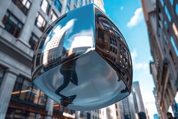 Poster - Businessman holding abstract sphere with shiny cube in 3D.