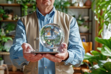 Poster - Businessman holding abstract sphere over mobile phone background.