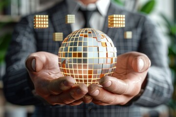 Poster - Businessman holding abstract sphere with shiny cube in 3D.