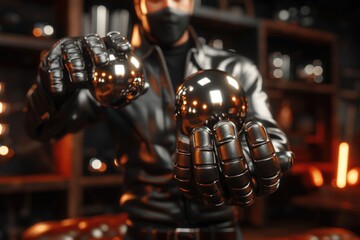 Poster - Businessman holding abstract sphere with shiny cube in 3D.