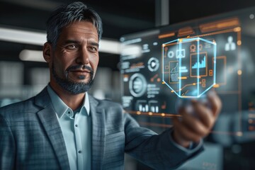 Poster - Businessman holding abstract sphere with shiny cube in 3D.
