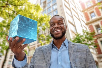 Poster - Businessman holding blue shiny cube in 3D rendering.