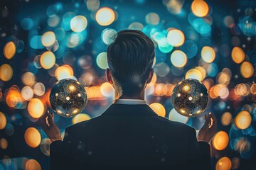 Poster - Businessman holding abstract sphere with shiny cube in 3D.