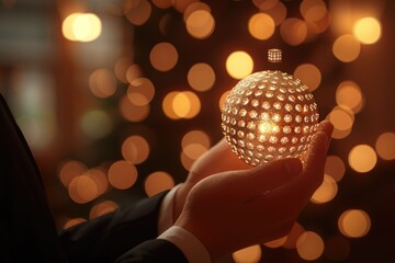 Poster - Businessman holding abstract sphere with shiny cube in 3D.