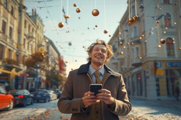 Poster - Businessman holding abstract sphere over mobile phone background.