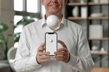Poster - Businessman holding abstract sphere over mobile phone background.