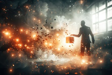 Poster - Businessman touching shiny cube in abstract 3D rendering.