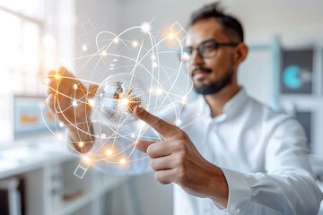 Poster - Businessman touching shiny cube in abstract 3D rendering.
