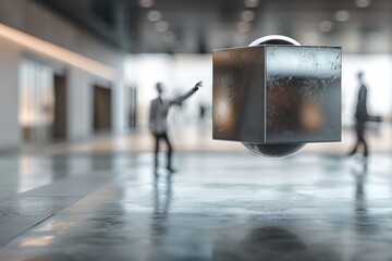 Poster - Businessman touching shiny cube in abstract 3D rendering.