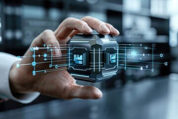 Poster - Businessman touching shiny cube in abstract 3D rendering.