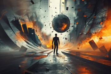 Poster - Businessman touching shiny cube in abstract 3D rendering.