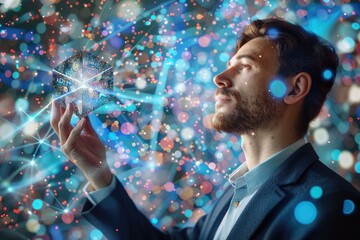 Poster - Businessman touching shiny cube in abstract 3D rendering.