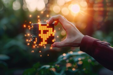 Poster - Businessman touching shiny cube in abstract 3D rendering.