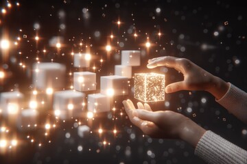 Poster - Businesswoman interacting with abstract 3D sphere and cube.