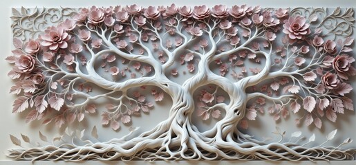 Aufkleber - 3D rendering tree life design white wall is intricately carved