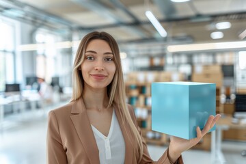 Poster - Businesswoman interacting with flying blue shiny cube in 3D.