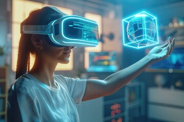 Poster - Businesswoman interacting with abstract 3D sphere and cube.