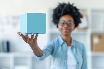 Poster - Businesswoman interacting with flying blue shiny cube in 3D.