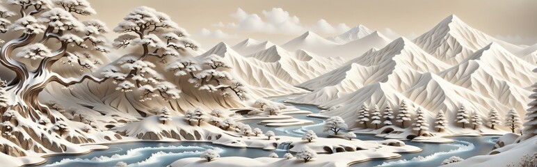 Aufkleber - 3D relief sculpture landscape scene background is light beige co