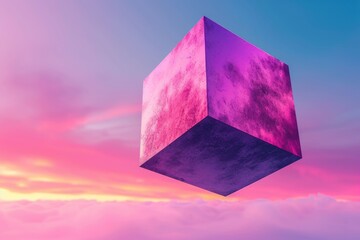 Poster - Futuristic flying cube in empty space.