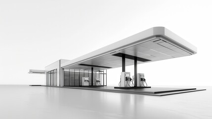 A contemporary gas station design featuring modern fuel dispensers and a sleek structure against a white background. Generative AI