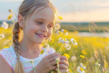 Wall Mural - girl in a yellow flower field picking flowers at sunset in summer