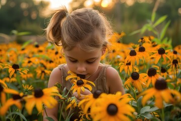 Wall Mural - girl in a yellow flower field picking flowers at sunset in summer