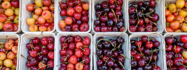 Poster - cherry in boxes on the store counter. Selective focus.