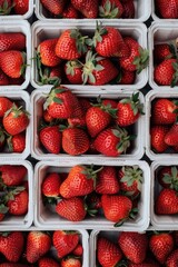 Poster - Strawberries in boxes on the store counter. Selective focus.