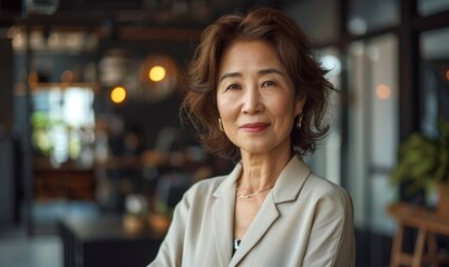 Wall Mural - Senior smiling Asian 50s 60s years businesswoman professional standing confident in modern coworking office space. Mature Korean business woman looking at camera indoors at work with, Generative AI