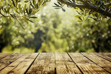 Old wooden table for product display with natural green olive field bokeh background. Natural vintage tabletop persepective and blur olive tree layout design.