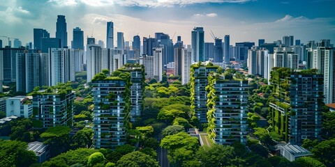 Vibrant and Eco Friendly Urban Sustainability Skyline with Tall Buildings and Green Rooftops