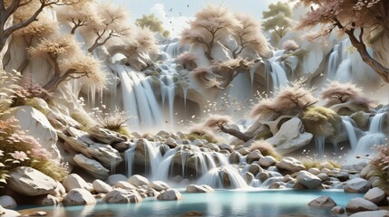 Aufkleber - 3D rendering beautiful waterfall scene is made white marble intr