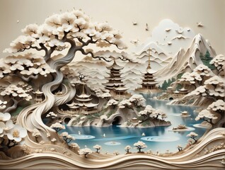 3D relief sculpture landscape scene background is light beige co